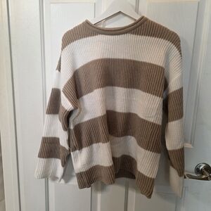 Neutral Wide-Stripe Ribbed Knit Sweater - Cream & Brown Oversized